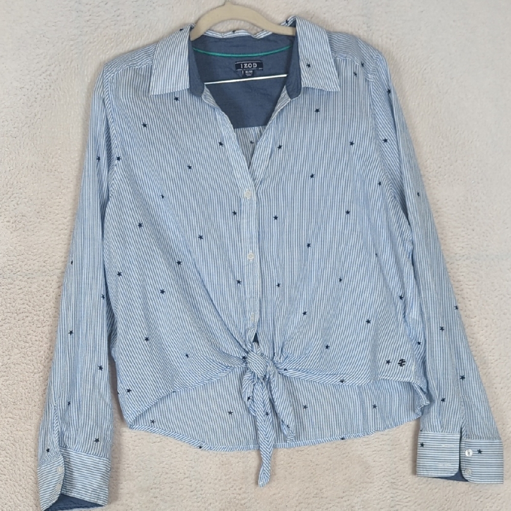 IZOD Women's Blue Striped‎ Star Tie Button Shirt Size XL